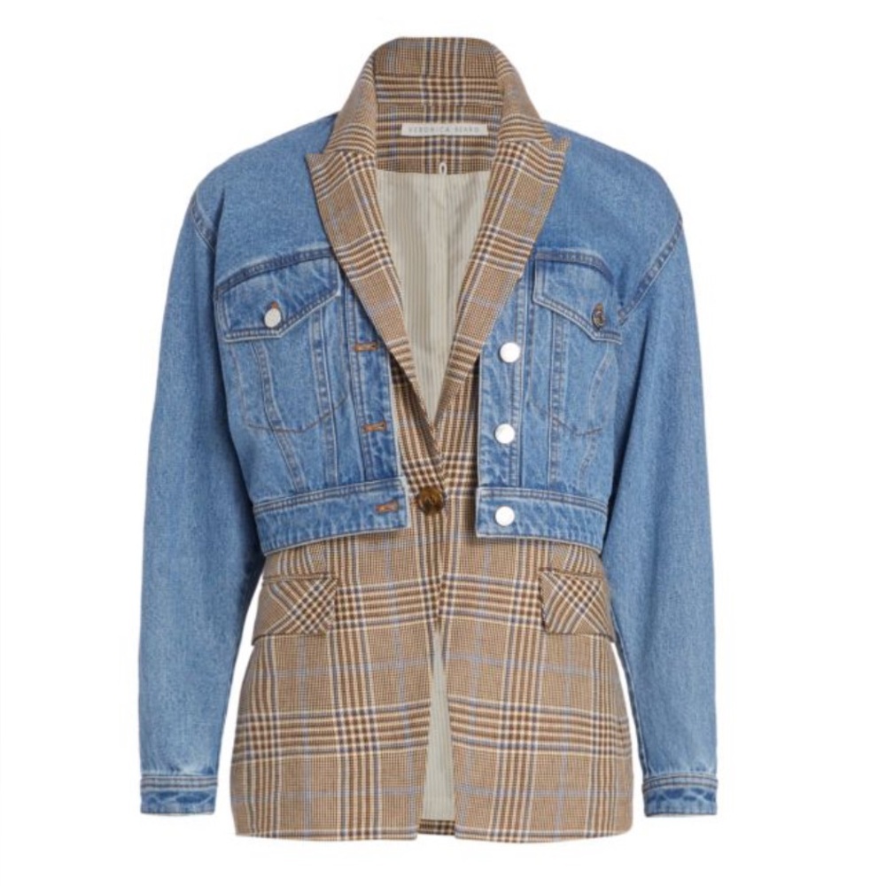 VERONICA BEARD Keaton Combo 2-Piece Denim & Check Dickey Jacket Size XL New